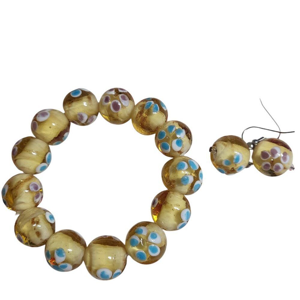 Champagne Murano Style Glass Beaded Stretch Bracelet & Earrings